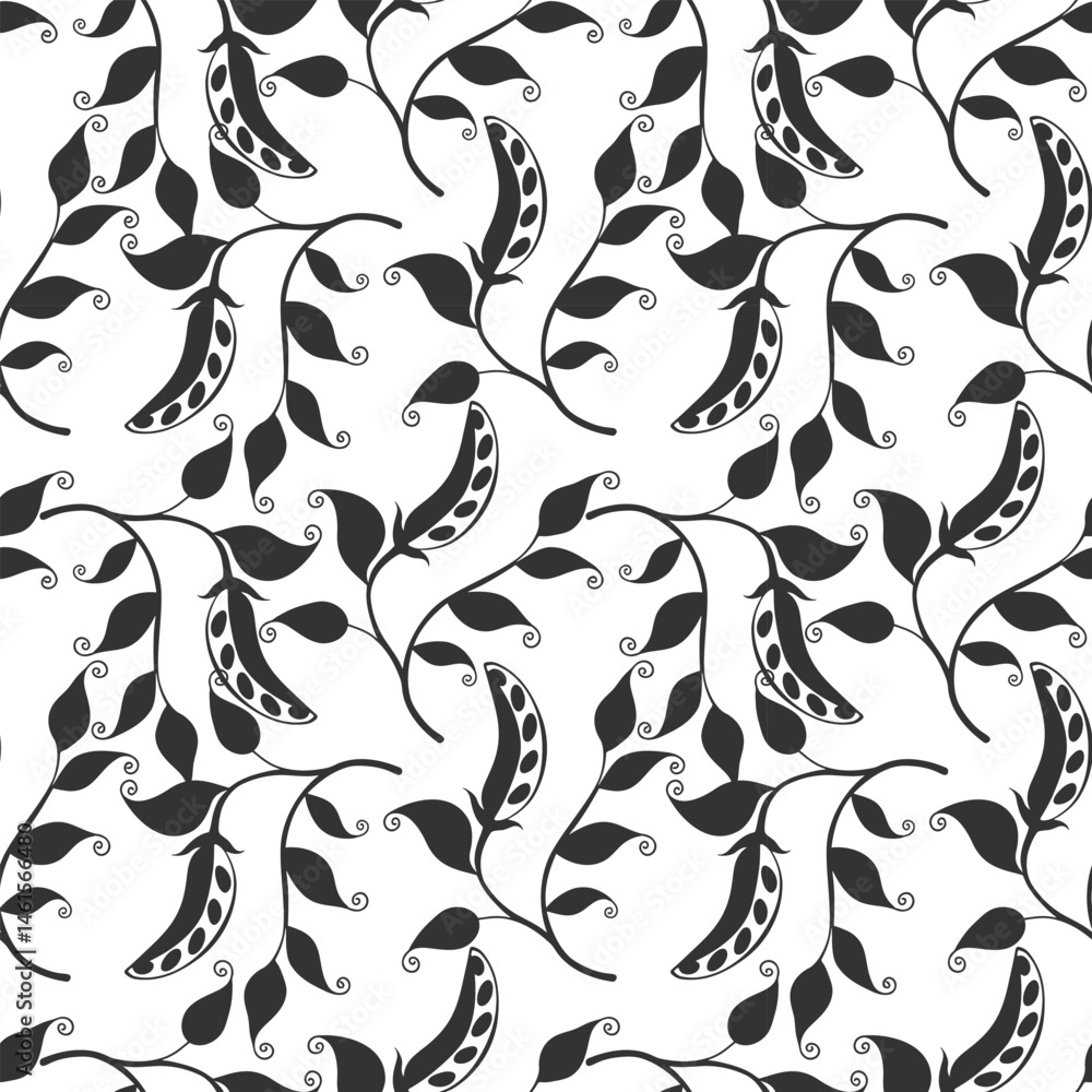 Fototapeta premium Pattern black and white. Dark silhouette of Pea pod with fruits and leaves on thin branch, stylized doodle drawing.