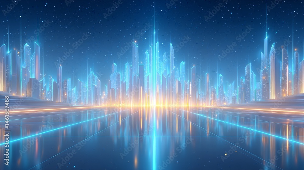 Future city skyline, illuminated lines, blue technology background, high-tech design, modern architecture, wide perspective, central blank area can be used for text or product display