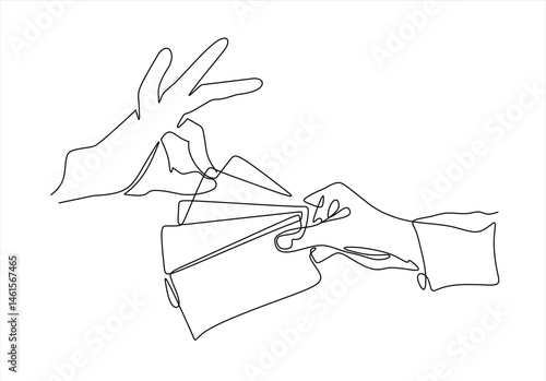Continuous one single line drawing Hand Passes a Dollar Bill to Another Hand, Symbolizing Financial Transaction icon vector illustration concept. Editable stroke. Bank and Finance concept.