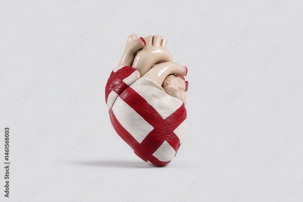 Heart sculpture wrapped in red white bandage