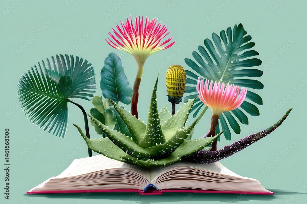Open book with vibrant tropical plants emerging