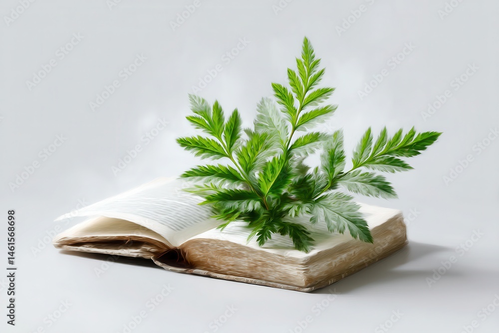 Book with fern leaf creates balance with nature