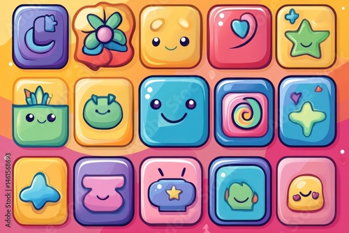 Twenty cute cartoon app icons with various shapes, colors, and designs.