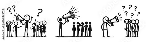 Set of stick figure communication concept with megaphone and crowd. Simple vector illustrations