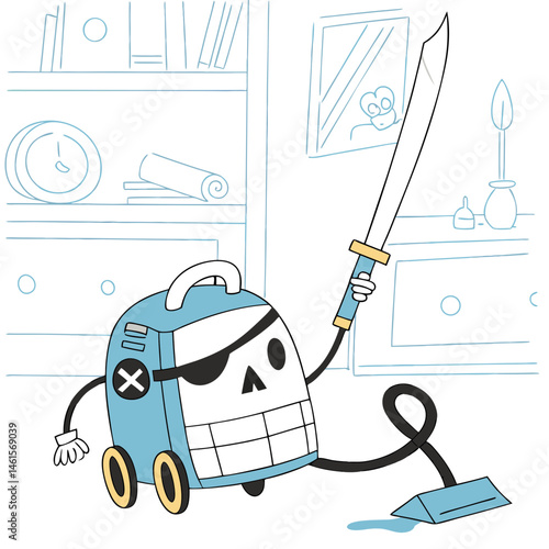 Cartoon pirate vacuum cleaner wielding a sword in a room  