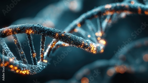 Glowing blue DNA chromosome with light flickering, representing heredity and genetic health in a moving camera 3D view