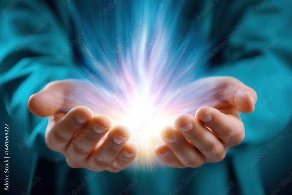 Energy in hands concept with glowing light reflecting healing power