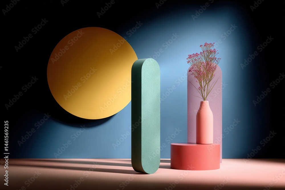 Abstract geometric shapes with flowers in vase, colorful art composition