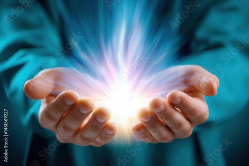 Obraz na płótnie Energy in hands concept with glowing light reflecting healing power w salonie