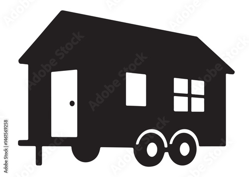 Tiny House logo silhouette vector, camping trailer house logo icon silhouette, wheels house silhouette vector design, house on wheels black silhouette isolated on a white background