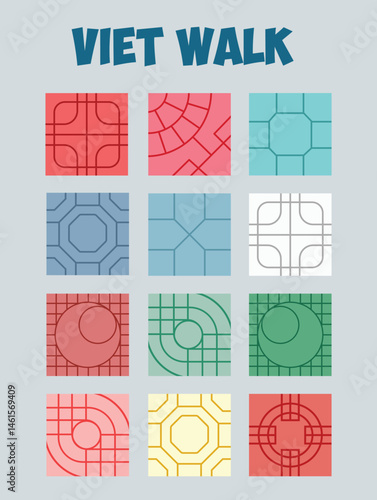 A clean digital print of 12 classic Vietnamese sidewalk tile patterns. Simple, nostalgic, and perfect for fans of street design and urban culture