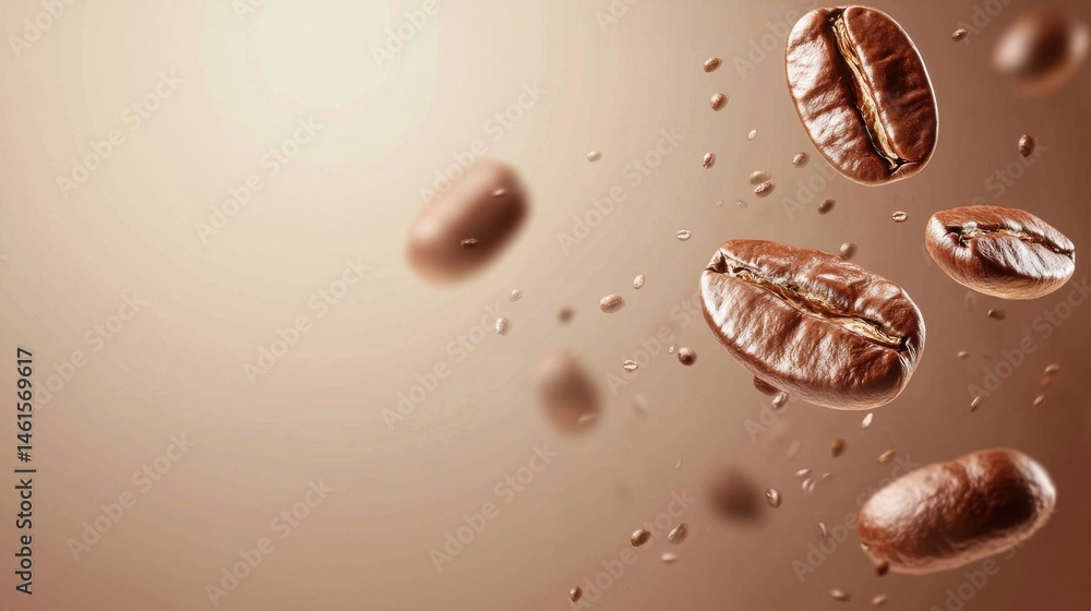 Fototapeta premium Aromatic roasted coffee beans are suspended in midair against a warm gradient background creating a dynamic and inviting composition.