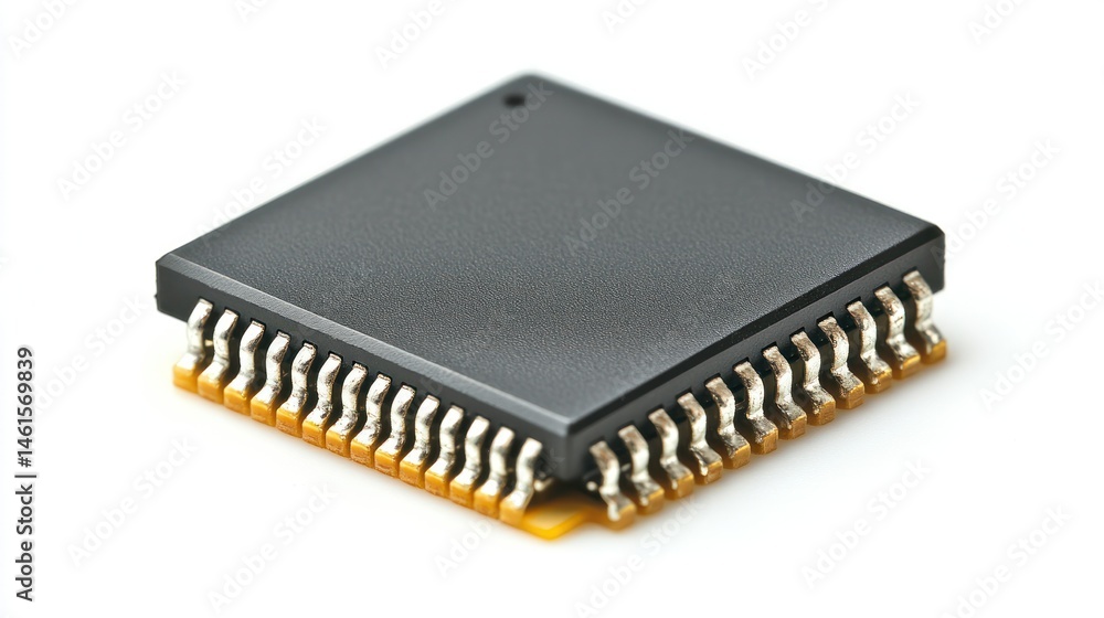 Dark gray square electronic chip with gold contacts Dark gray square electronic chip with gold contacts
