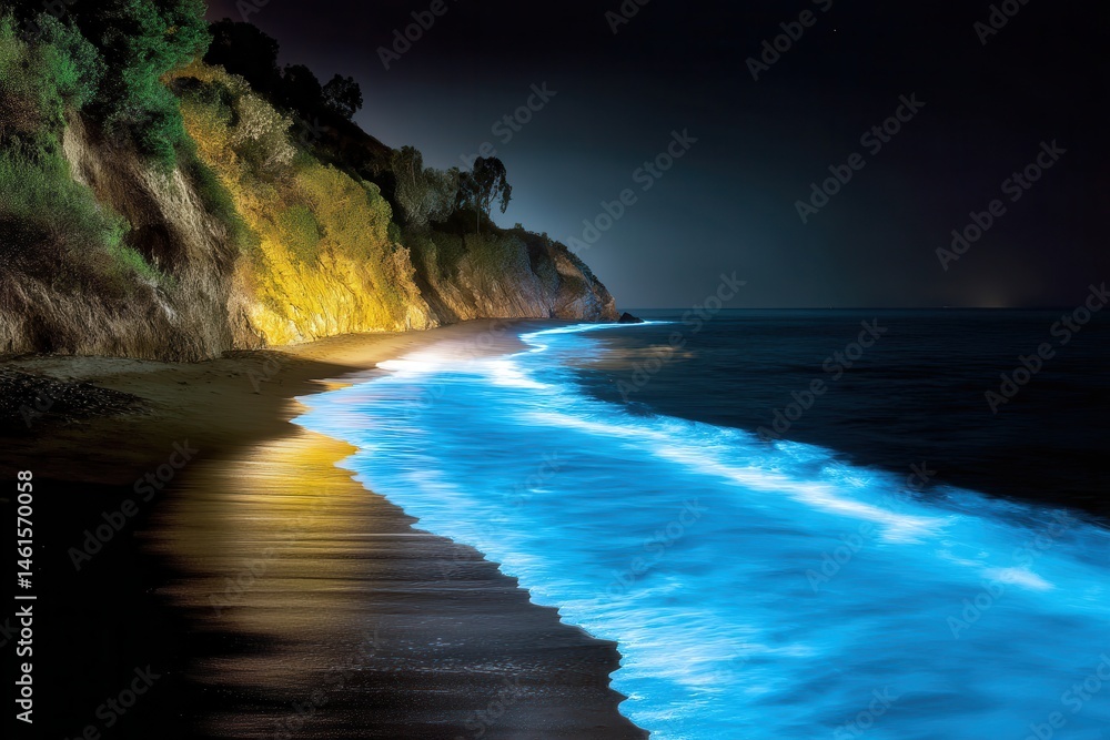 Bioluminescent waves glowing at night on beach