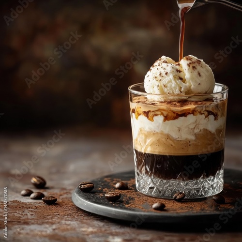 A delicious affogato dessert is being prepared with espresso being poured over vanilla ice cream in an attractive glass on dark background.