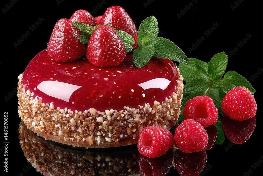 Gourmet strawberry raspberry cake with nuts on black background