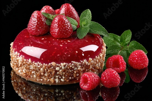 Obraz na płótnie Gourmet strawberry raspberry cake with nuts on black background w salonie