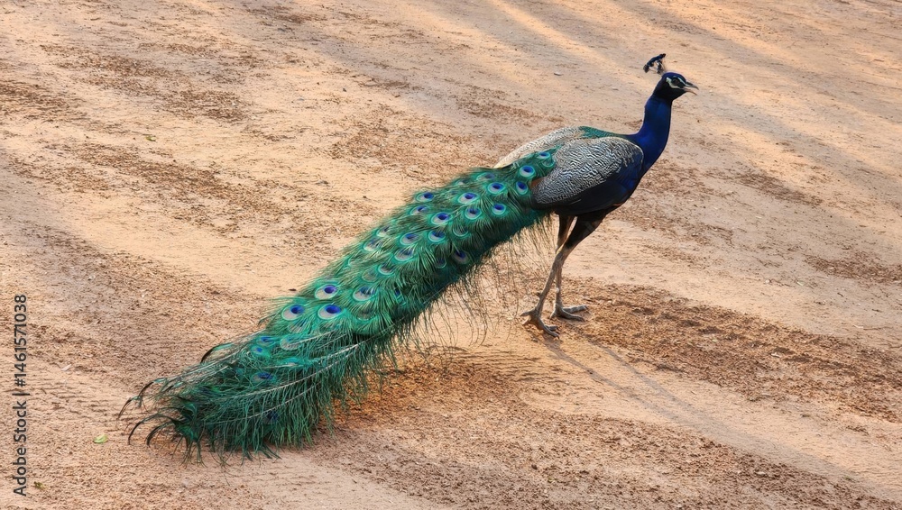 Fototapeta premium Majestic Peacock Displaying Colorful Feathers on Sandy Ground