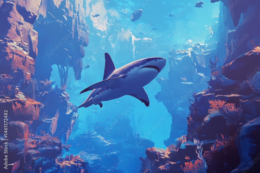 Fototapeta premium Shark drifting over an underwater canyon, depth emphasized by light gradients