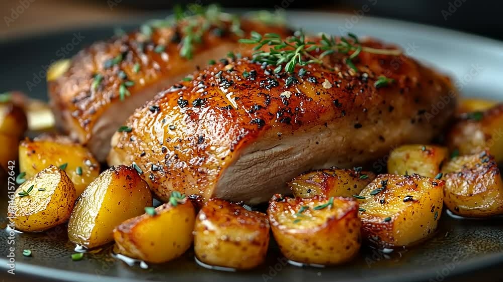 Succulent Roasted Pork with Crispy Potatoes and Fresh Herbs Succulent Roasted Pork with Crispy Potatoes and Fresh Herbs