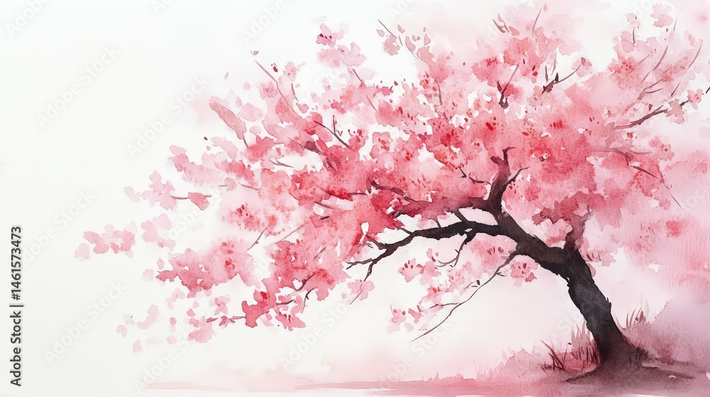 Fototapeta premium A watercolor painting of a blooming cherry blossom tree with delicate pink petals