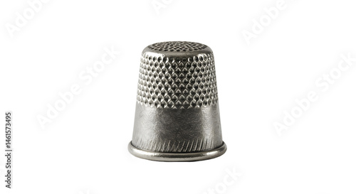 Metal thimble standing on seamless white background with transparent layer