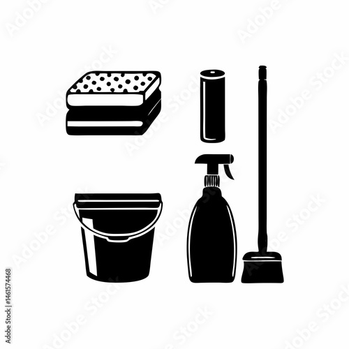 Cleaning Supplies: Black Silhouettes of Housekeeping Tools  