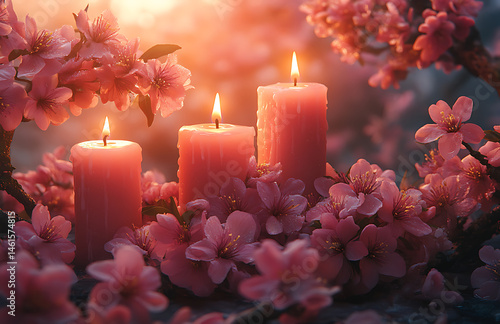 Three Lit Pink Candles Surrounded by Delicate Pink Cherry Blossoms in Warm Soft Glow

