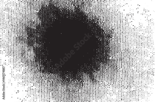 A dark circular shape dominates a textured white background.