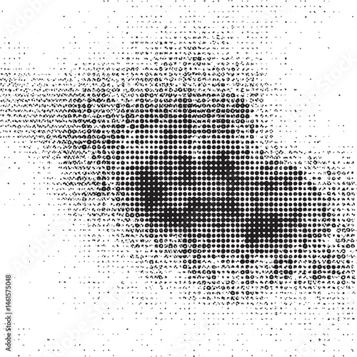 A grayscale depicts a blurred human face constructed from numerous small dots.