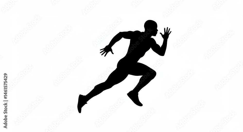 Silhouette of a man running at full speed against a plain white background in a graphic style Silhouette of a man running at full speed against a plain white background in a graphic style
