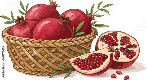 Pomegranate Illustration vector design, Pomegranate in wicker basket with pomegranate slice on table in white background