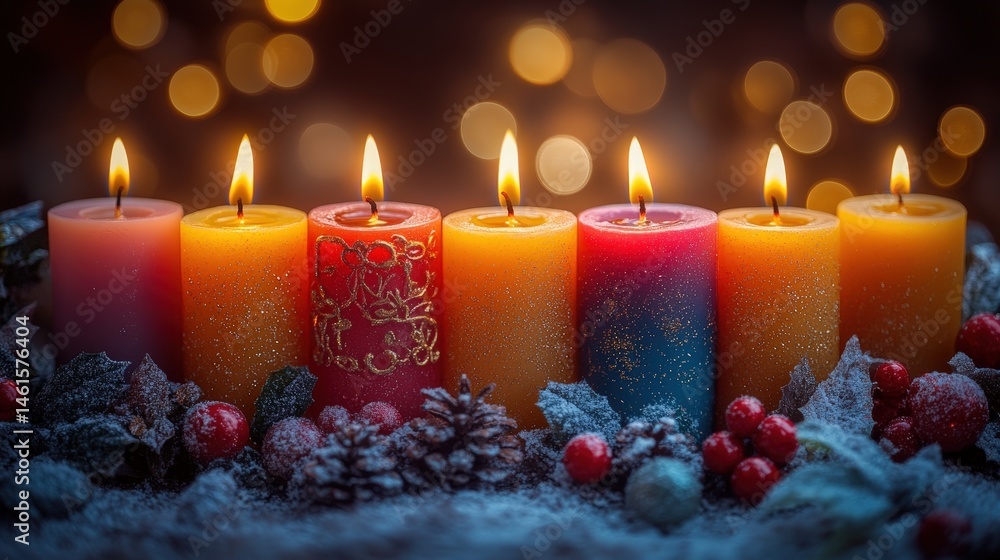 Festive candle display with holiday decorations. Festive candle display with holiday decorations.