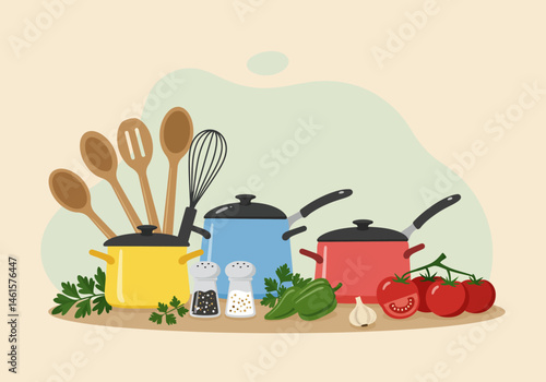 Cartoon kitchen art shows a cooking pot with healthy vegetables, a food illustration vector design