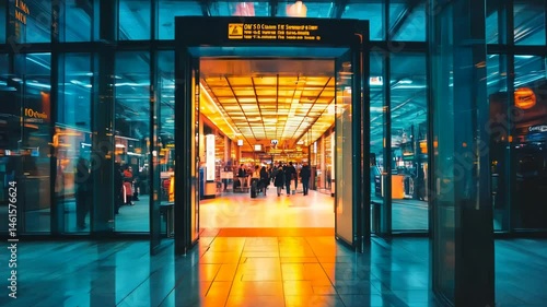 Illuminated modern airport terminal entrance at night