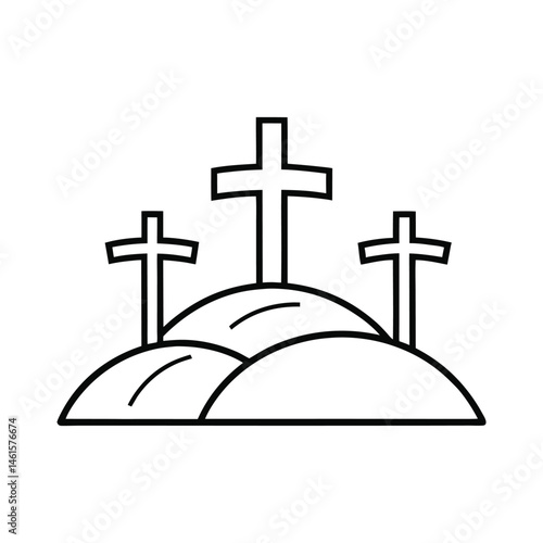 Simple illustration of three crosses atop hills representing the crucifixion of christ.