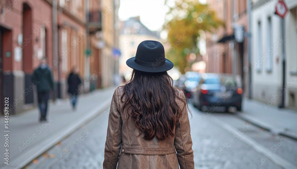 Obraz premium Cloche Hat Mockup on Woman Walking in Outdoor Street Scene