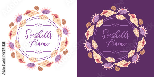 vector illustration featuring round frames made of various seashells, set against both light and dark backgrounds. Perfect for enhancing summer-themed designs, beach invitations, and coastal projects