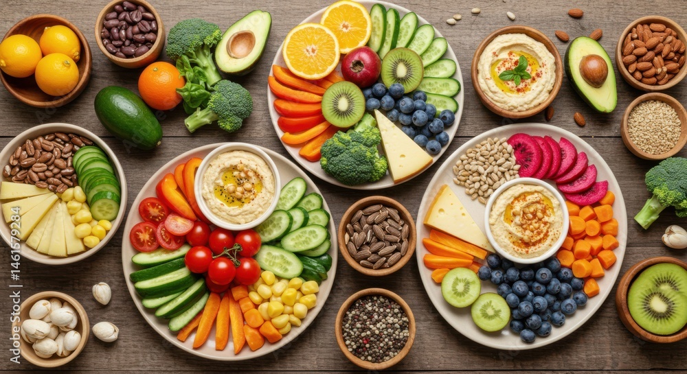 Overhead shot of several plates and bowls filled with a colorful assortment of fruits and vegetables Overhead shot of several plates and bowls filled with a colorful assortment of fruits and vegetables
