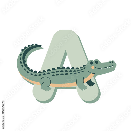 Letter A with Cute Alligator – Animal Alphabet Vector for Kids