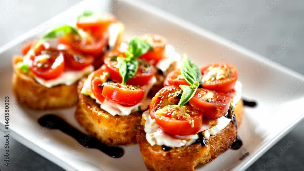 Camera slowly rotating around three bruschettas topped with cherry tomatoes, stracciatella and basil, drizzled with balsamic vinegar, served on a ceramic plate Camera slowly rotating around three bruschettas topped with cherry tomatoes, stracciatella and basil, drizzled with balsamic vinegar, served on a ceramic plate