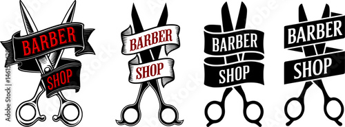 Vintage Barber Shop Logo Vector set– Scissors and Ribbon  Design