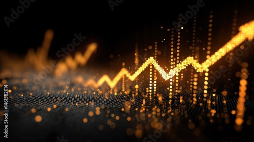 Vector scene of digital transformation and business growth with golden rising arrow chart and abstract tech theme