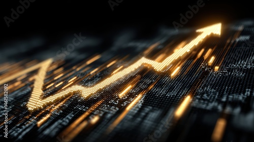 Futuristic economy and investment background with glowing gold chart arrow, digital transformation and data-driven success