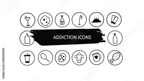 Addiction Stroke icon collections. Containing Gaming, Addiction, Overdose, Treatment, Phone Addiction, Medication, Sugar, and Alcoholism icons. Editable Stroke icon collection Outline icon