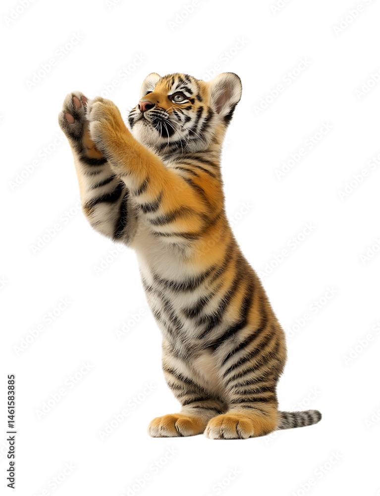 Standing cute baby tiger with an open mouth and raised paws, the tiger prepares to attack, isolated on a white background Standing cute baby tiger with an open mouth and raised paws, the tiger prepares to attack, isolated on a white background