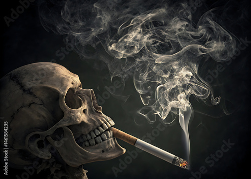 Skull on a black background and a background of cigarette smoke - a metaphor for the deadly dangers of smoking