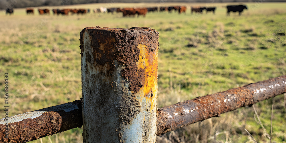 Rusted Farm Fence Post in Pasture with Cattle in the Distance