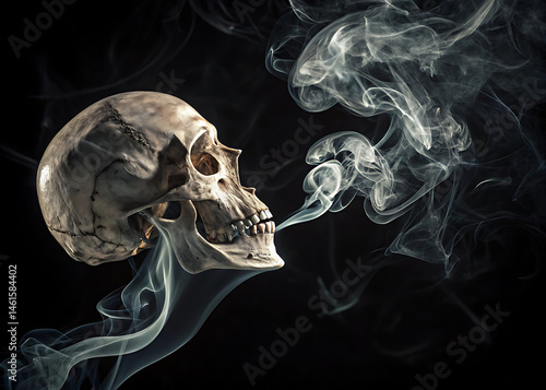 Skull on a black background and a background of cigarette smoke - a metaphor for the deadly dangers of smoking