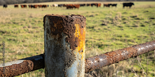 Obraz na płótnie Rusted Farm Fence Post in Pasture with Cattle in the Distance
w salonie